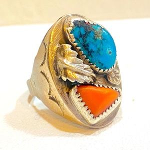 Rare Navajo Turquoise Coral Sterling Silver Ring